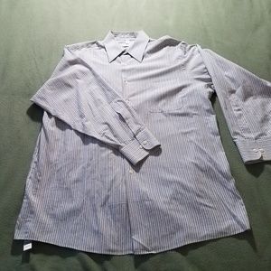 Grey, blue, and white striped button up shirt
